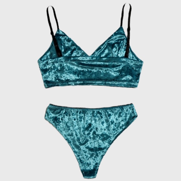NWT Teal & Black Crushed Velvet Bow Longline Cami & Panty Sleep Lingerie Set - Picture 9 of 9